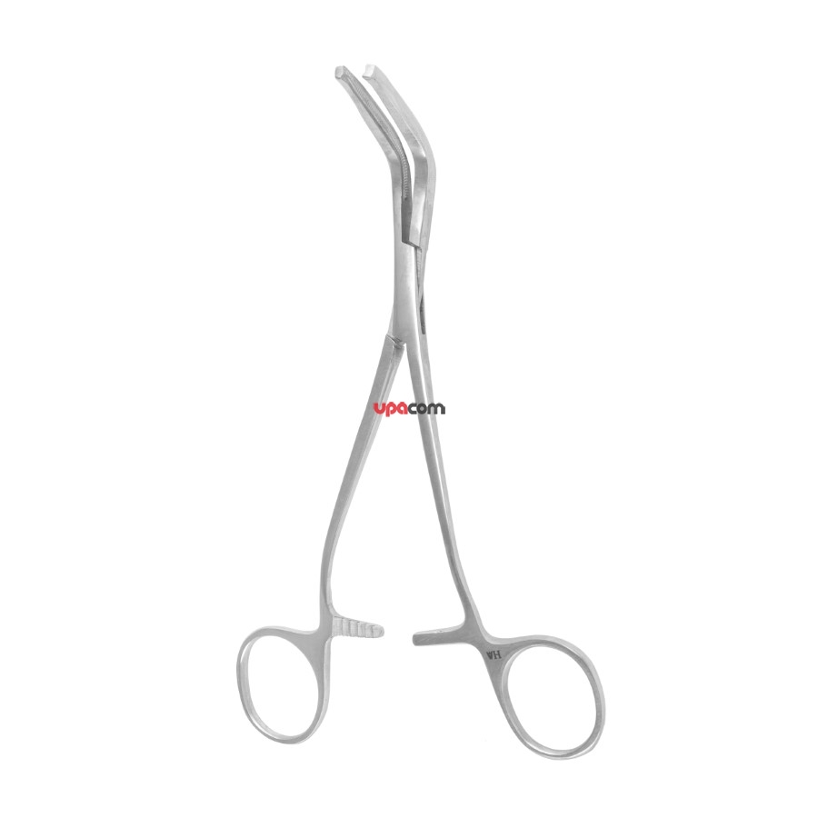 Зажим с кремальерой для временного пережатия сосудов, изогнутый по плоскости, под углом 120°, малый, 155 мм